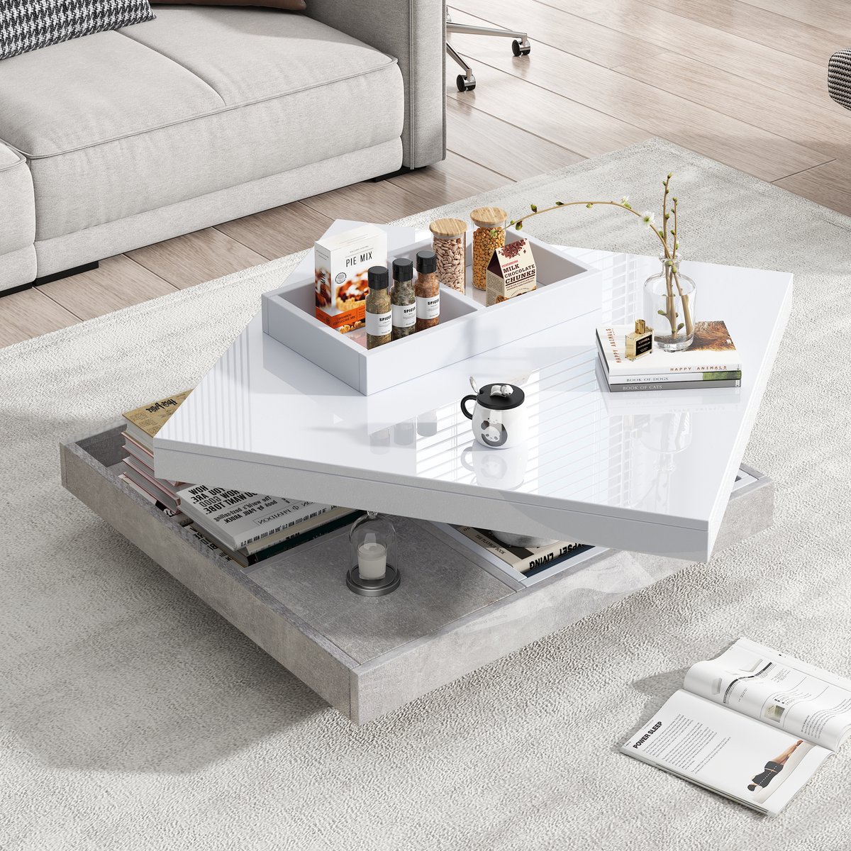 MIVRAY Salontafel - Draaibaar Dubbel Blad Met Opbergruimte - Voor Woonkamer - Spaanplaat In Wit En Marmerlook - 70x70x36 Cm