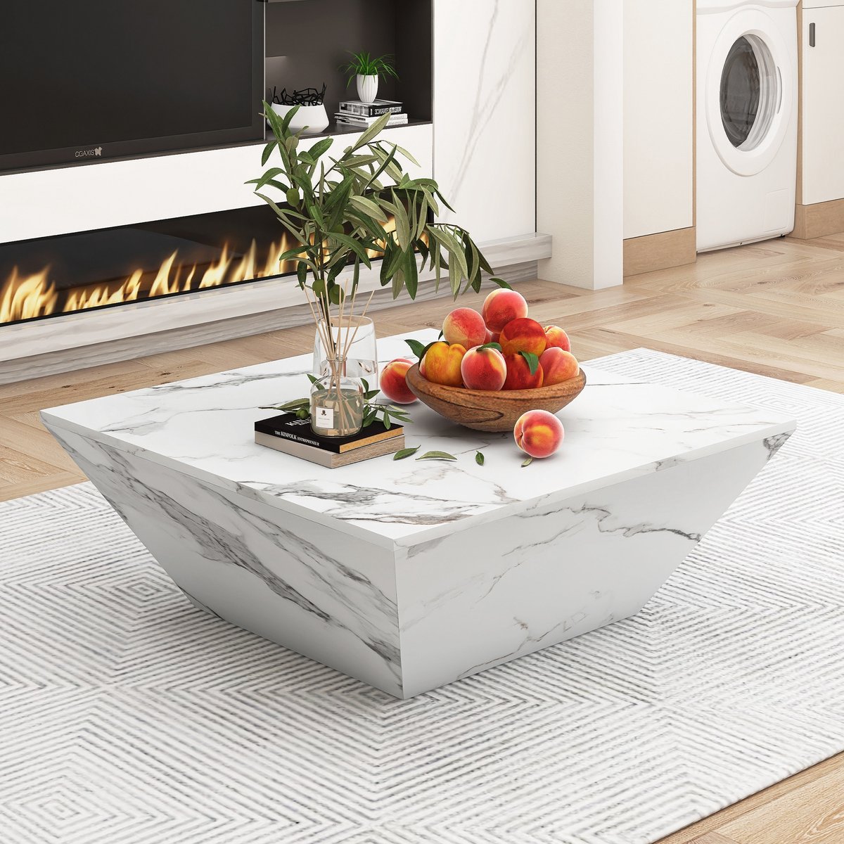 MIVRAY Salontafel - Trapeziumvormig Design Met 2 Laden - Voor Woonkamer En Kantoor - MDF Met Marmerlook - 70x70x37 Cm - Wit