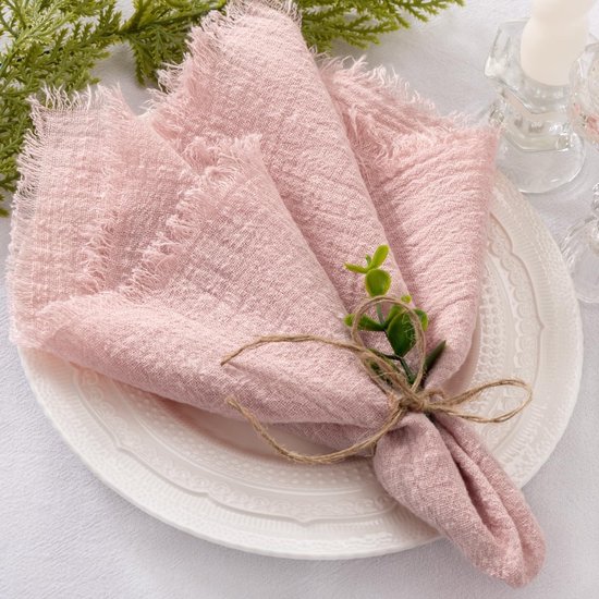 Lot de 10 serviettes en lin – Rose poudré – Serviettes en tissu pour Pâques et le printemps – Coton lavable – Avec franges – 42 x 42 cm – Pour la décoration de table lors de mariages, fêtes prénuptiales, baby showers et anniversaires