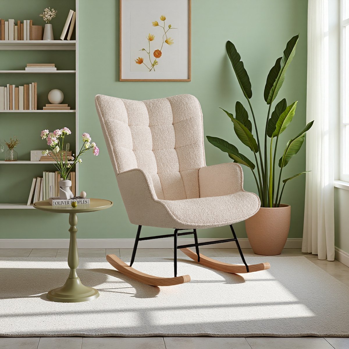 ROSAHQNDA Schommelstoel - Schommelstoelen babykamer - Relaxstoel - Fauteuil - Voedingsstoel - Teddy Fleece - Roomwit - Beige
