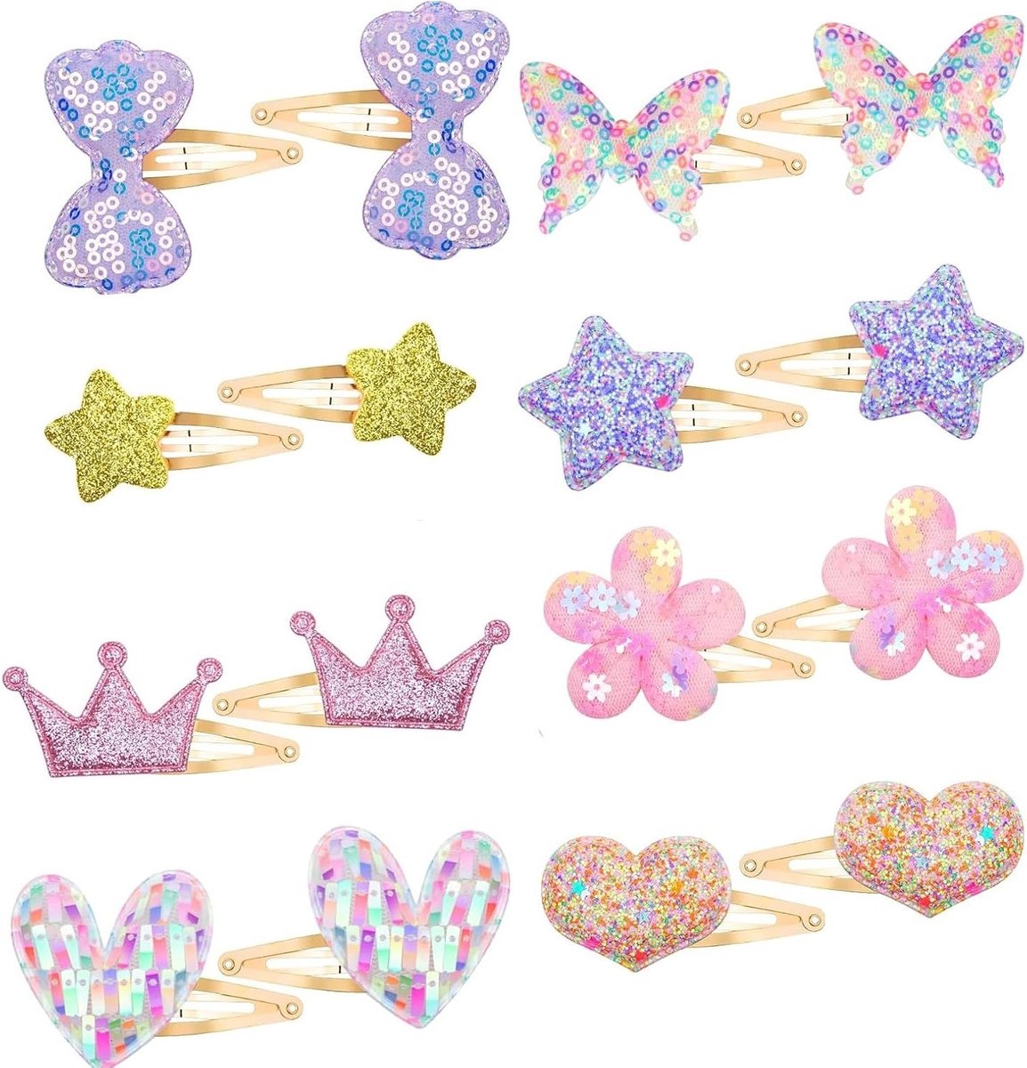 Schitterende metalen haarspeldjes met 16 schattige ontwerpen, ideaal voor meisjes, bloemen, sterren, kroon en vlinder haaraccessoires