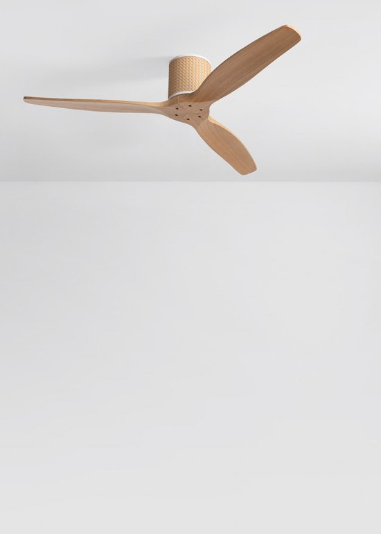 Plafondventilator 40W stil Ø132cm met 15W LED licht, 3 kleurtemperaturen, zomer/winter, afstandsbediening, rotan afwerking