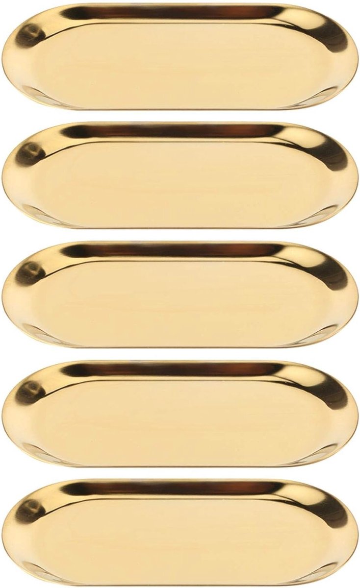 Set van 5 RVS Ovalen Opbergdozen voor Sieraden en Keukenaccessoires - Ideaal voor Tafel, Badkamer en Keuken, 17.9x8.3cm, Gouden Kleur, Modern Design