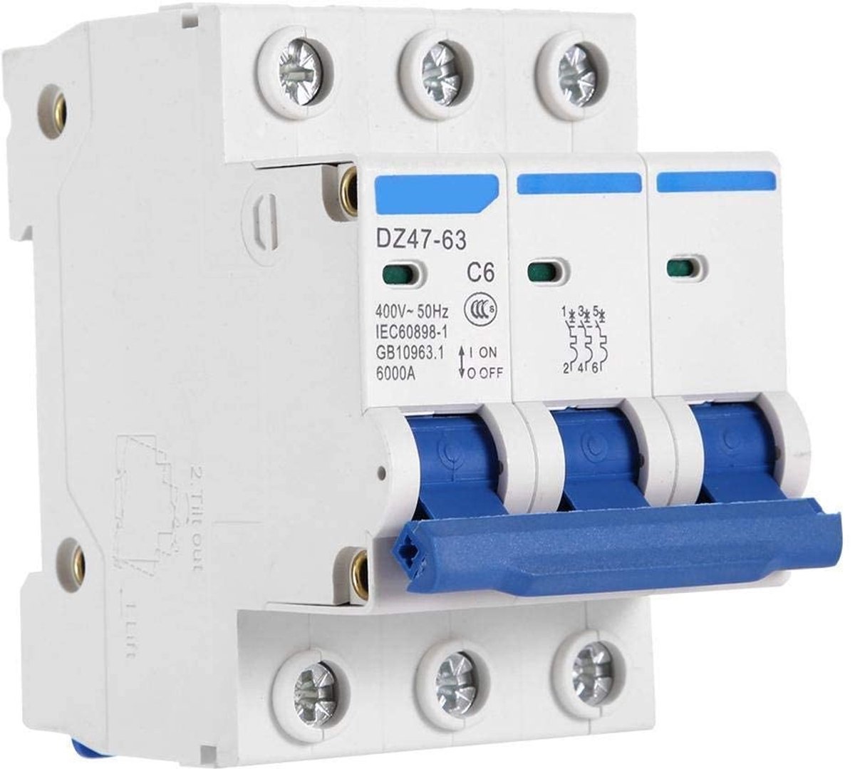 VT Goods - Miniatuur stroomonderbreker - 3-polige 6A 400V AC - Overload en kortsluitbeveiliging - Geschikt voor DC-systemen - Hoge breekcapaciteit -..