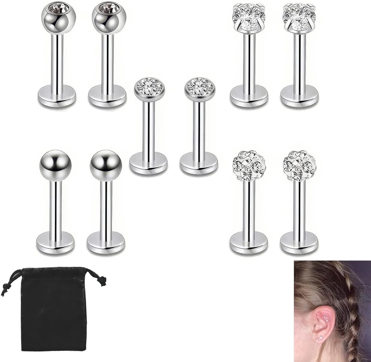 Vijf paar roestvrijstalen neuspiercings met kristallen ballen, labret en tragus voor lichaamspiercingen en helix piercings