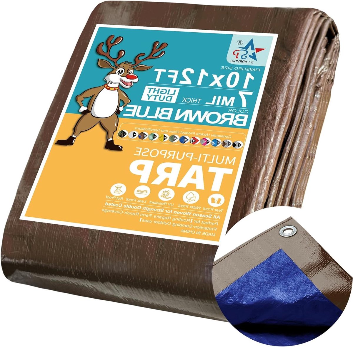 Waterdicht Zeildoek - Poly Zeil - Bescherming Buiten - 7mil Dik Materiaal - 10x12ft - Bruin/Blauw