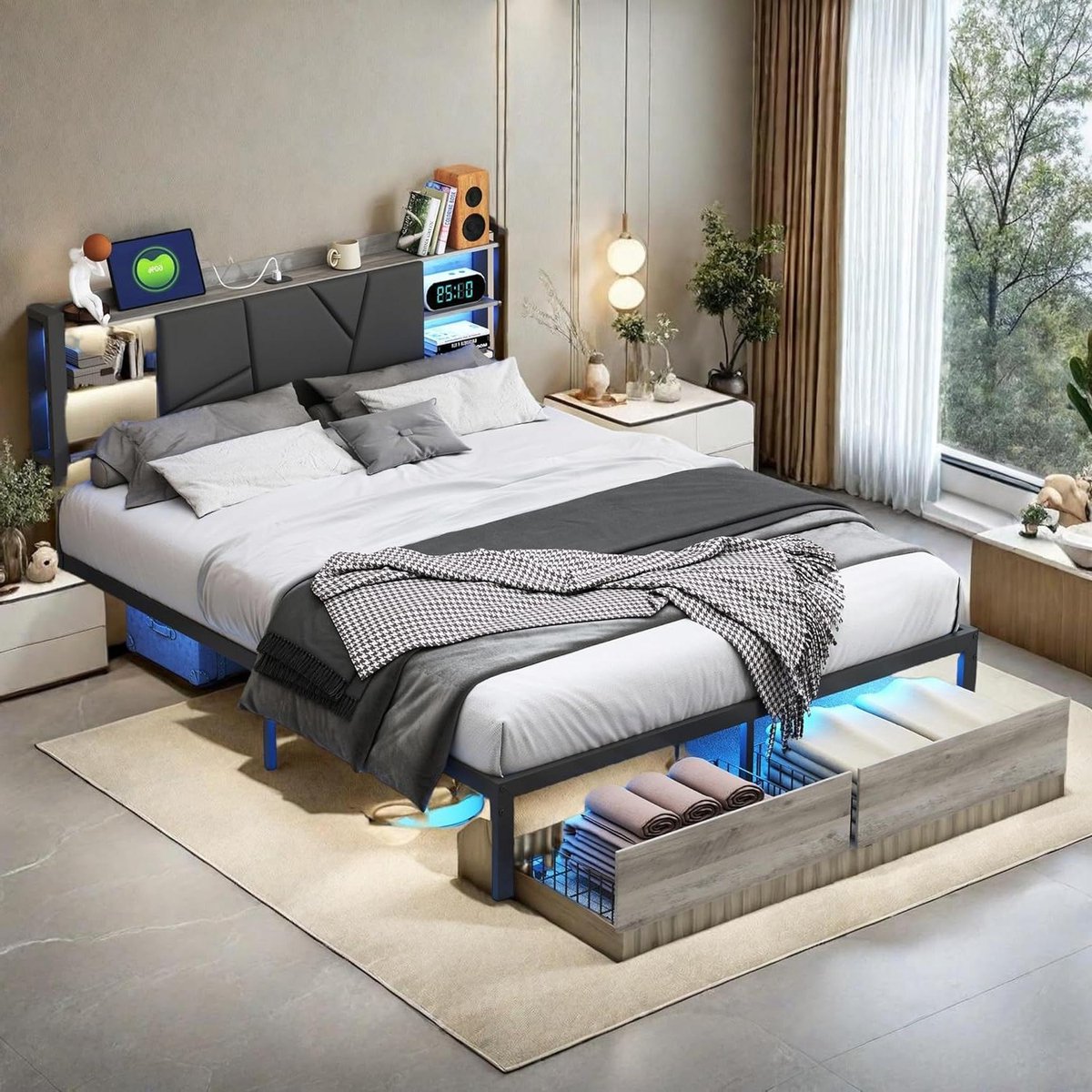 Led Bedframe - Opbergbed Tweepersoons - Slaapkamer Inrichten - Met USB Opladen - 140x200cm - Zwart