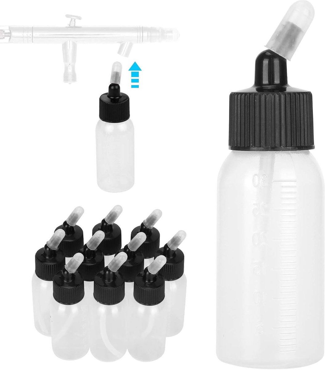 Set van 10 Stuks 30ml Airbrush Flessen met Plastic Potten en Loden voor Dubbele Actie Airbrush en Siphon Voeding