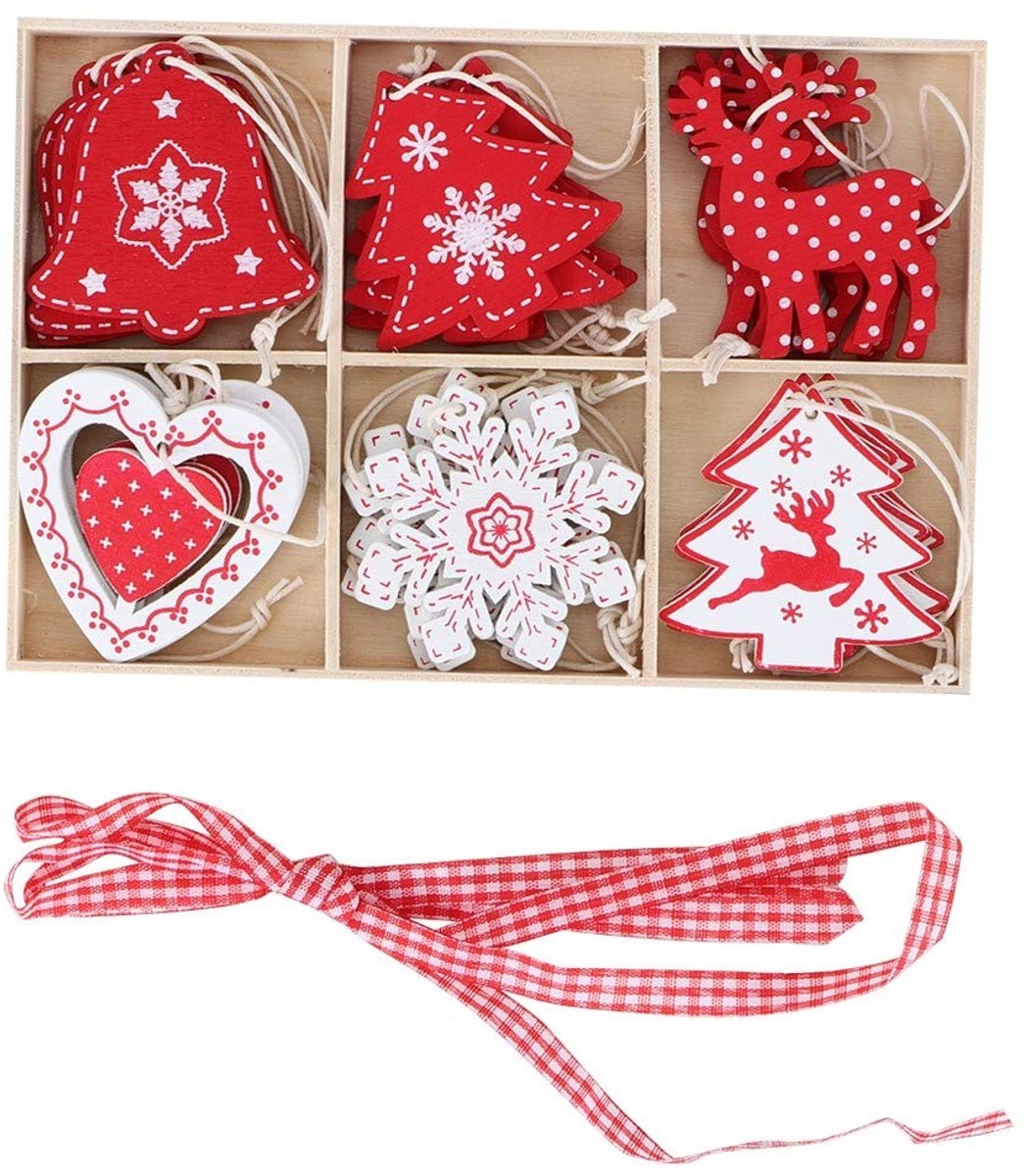 Store_9 - Kerstboom Ornamenten - Houten Decoraties - 24 Stuks - Eland Santa Claus en Sneeuwvlokken - Herbruikbaar voor Feestdagen - Geschikt voor K...