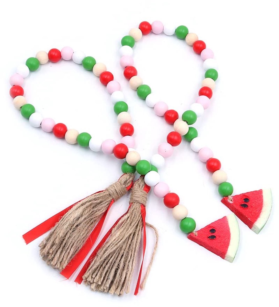 Store_9 - Lichte fruithouten kralenslinger - Zomer boerderij decoratie - Rustieke parels met jutekwasten - 2 stuks - Geschikt voor landhuisdecorati...