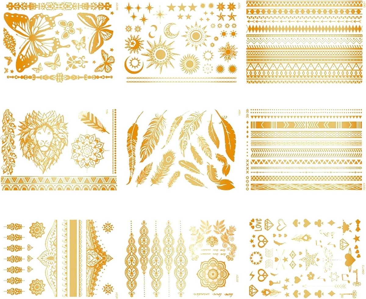 Gouden tijdelijke tattoos, metallic flash tattoos en kunst tattoo stickers voor vrouwen en meisjes, perfect voor Halloween en festivals, feestaccessoires en body art