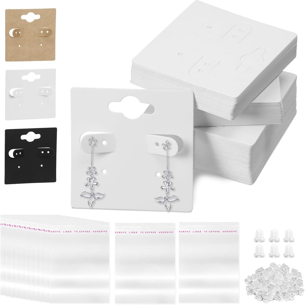 400pcs Earring Display Kit - 100pcs 2" x 2" White Card Holders - 200pcs Silicone Earring Backs - 100pcs Clear Self Closing Bags - Earring Organisatie - Sieraden Presentatie