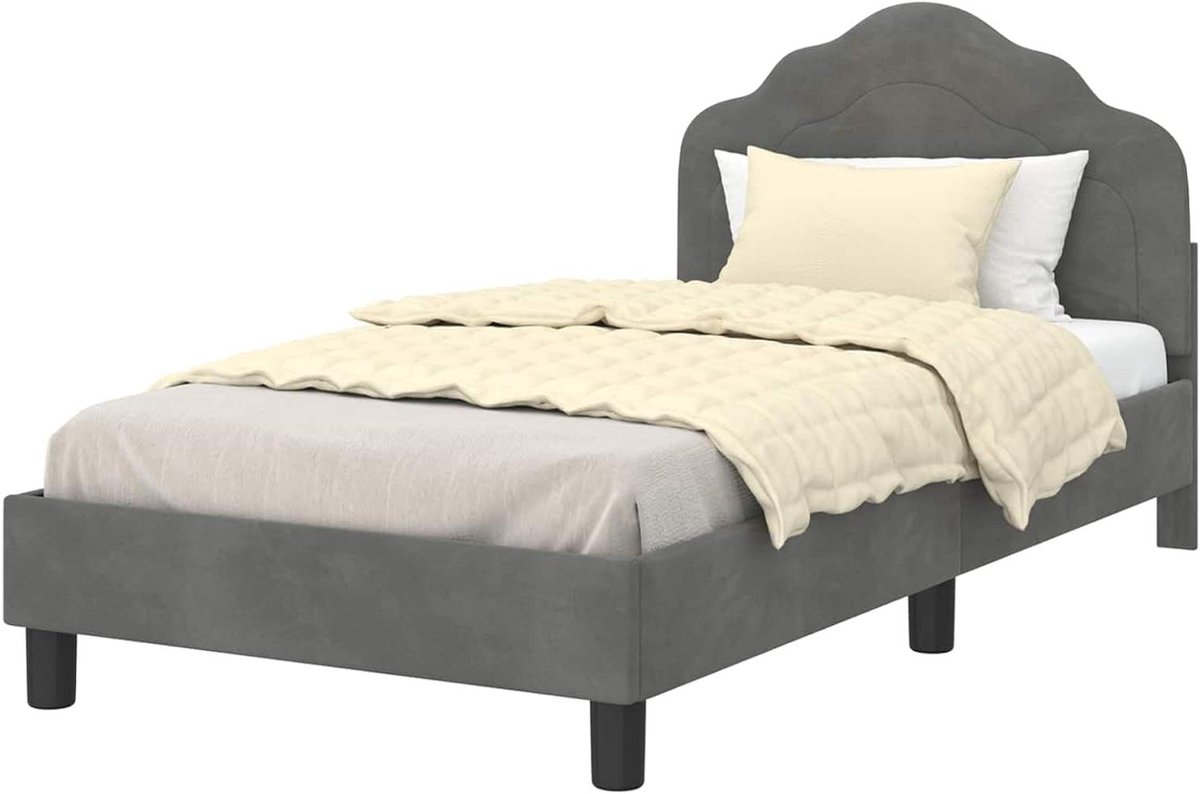 Kinderbedframe met Hoofdbord - Jongensmeisjesbed - Slaapkamer Inrichten - Laag Profiel Ontwerp - 80 x 160 cm - Donkergrijs