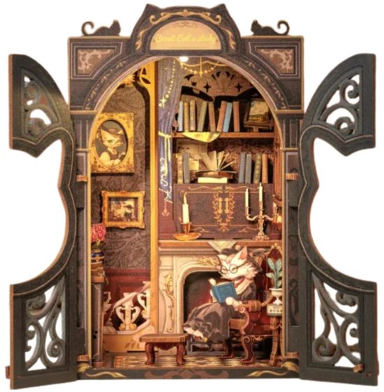 CuteBee Book Nook - Modelbouw - Houten 3D Puzzel - DIY Bouwpakket Volwassenen en Volwassenen - Boekensteun - Boekenhouder - Count Cat's Study