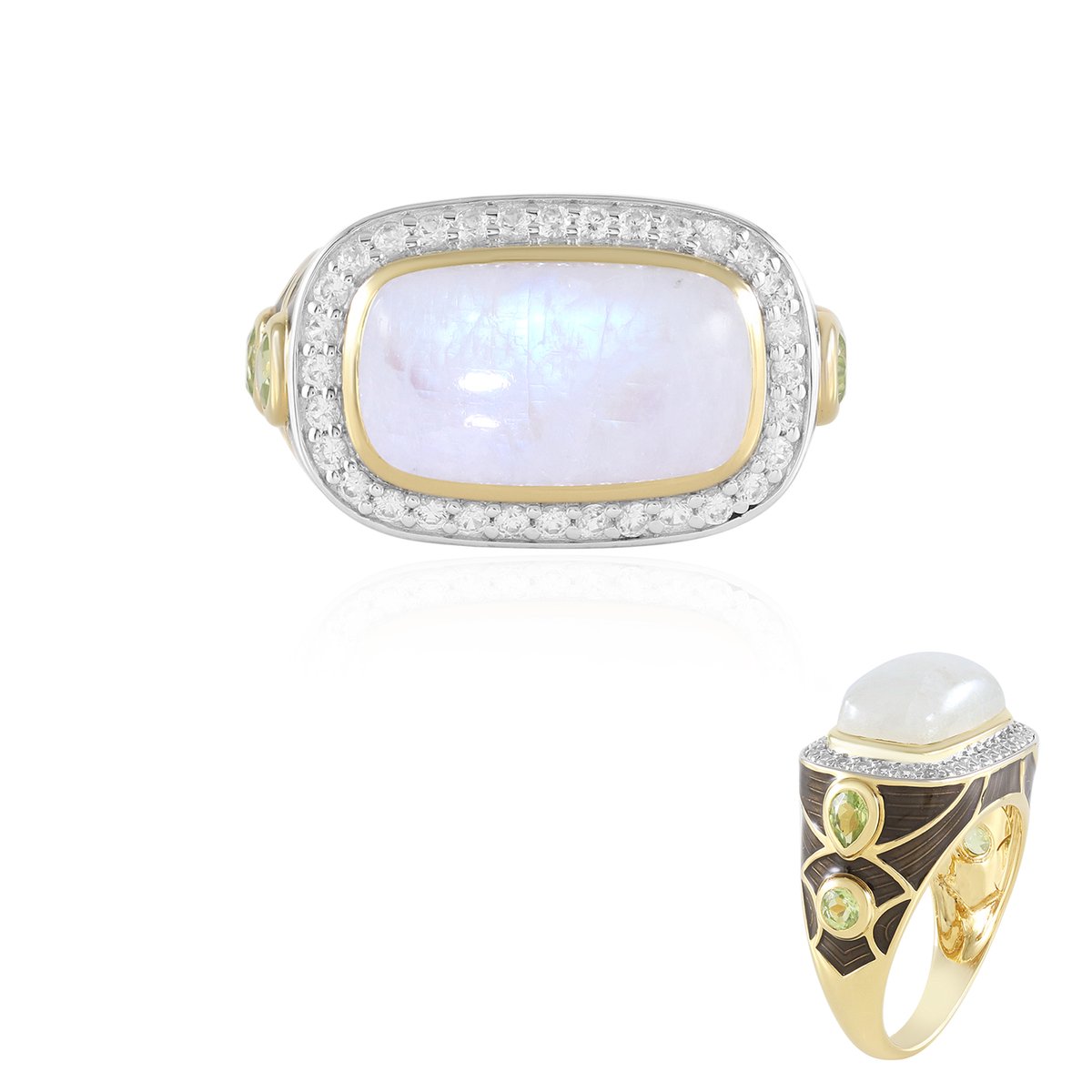 Cavill - Vergulde Zilveren Ring - 5,85 ct Regenboog Maansteen Antiek Cabochon - 925 Sterling Zilver - 6,82 ct Peridoot en Zirkon Luxe Damesring
