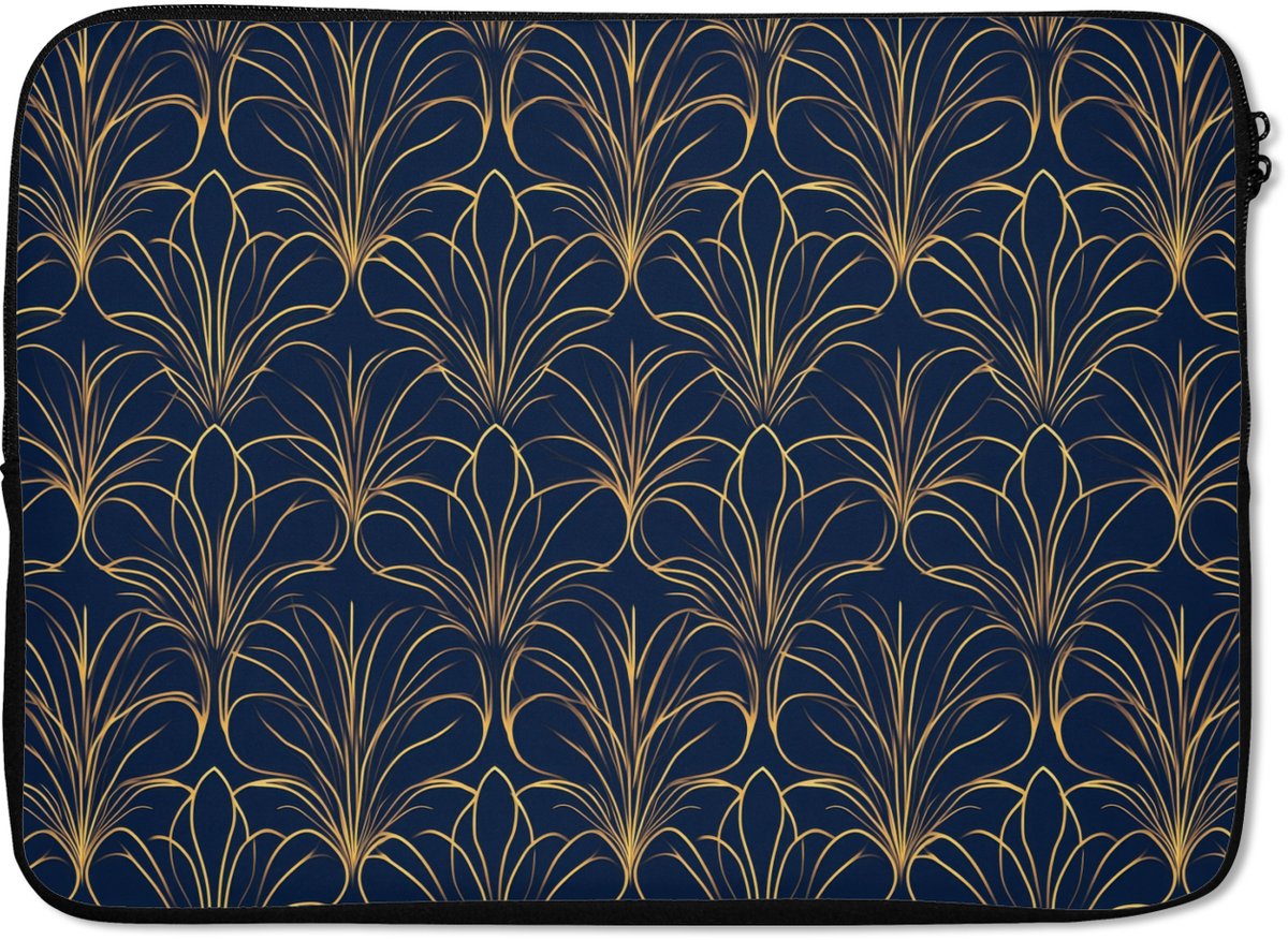 Laptophoes 14 inch - Deco - Waaier - Blauw - Laptop sleeve - Binnenmaat 33x23 cm - Zwarte achterkant