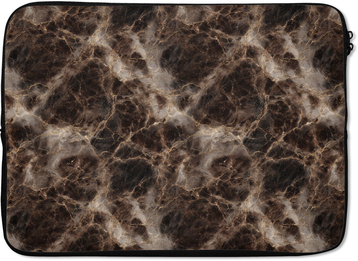 Laptophoes 14 inch - Bruin - Goud - Marmer print - Laptop sleeve - Binnenmaat 33x23 cm - Zwarte achterkant