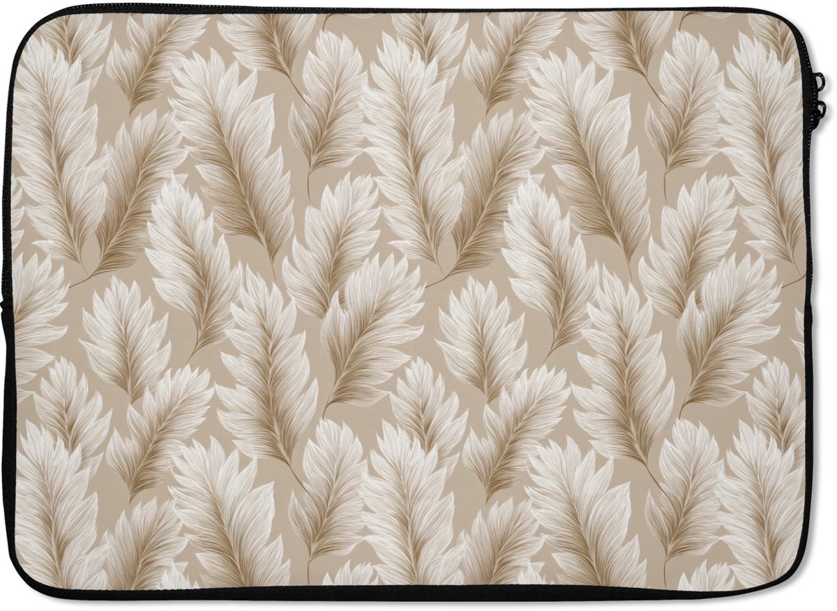 Laptophoes 14 inch - Botanisch - Patroon - Beige - Laptop sleeve - Binnenmaat 33x23 cm - Zwarte achterkant