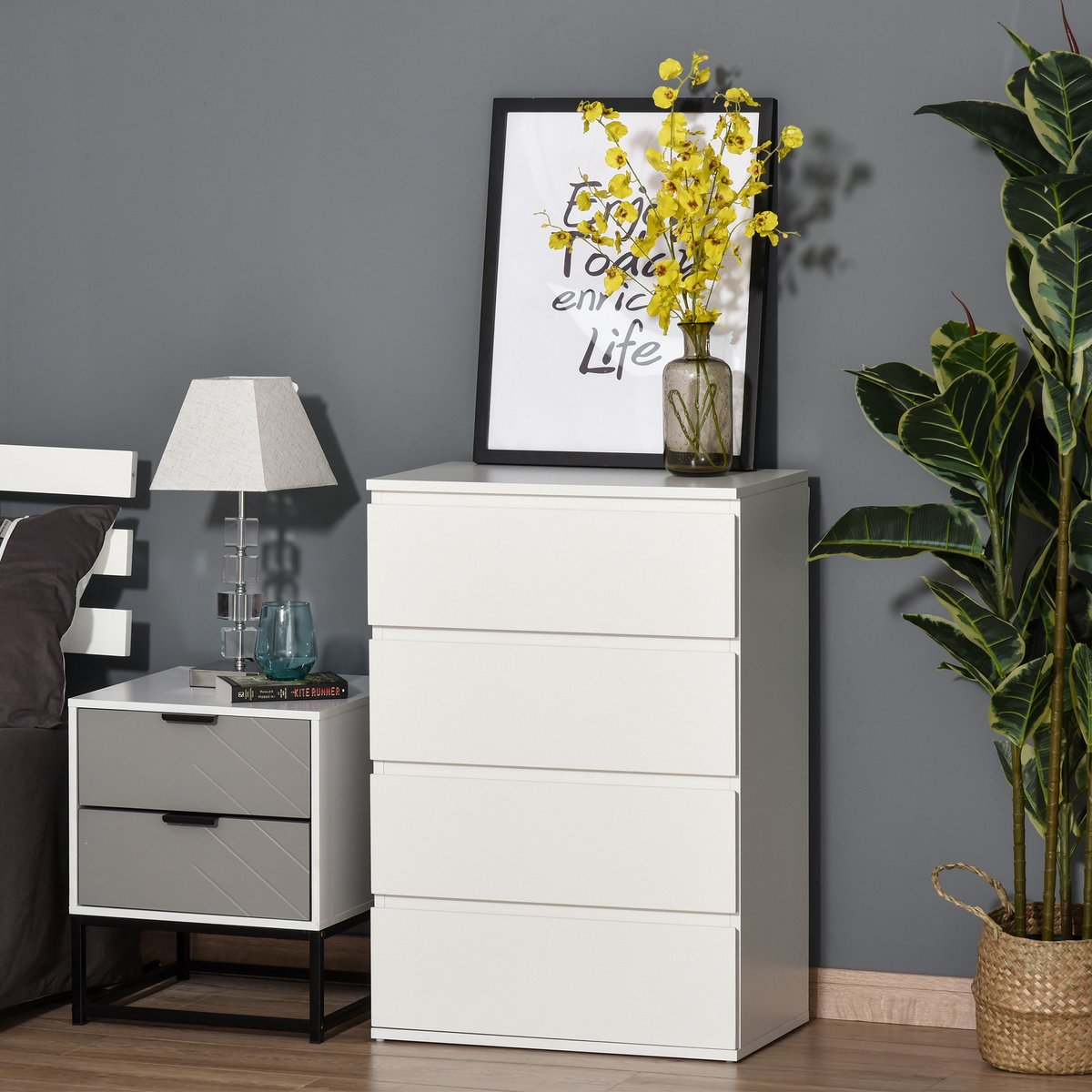 MIVRAY Ladekast - Vier Greeploze Laden Met Zachte Sluiting - Voor Slaapkamer En Werkkamer - MDF Wit - 55x33x80 Cm