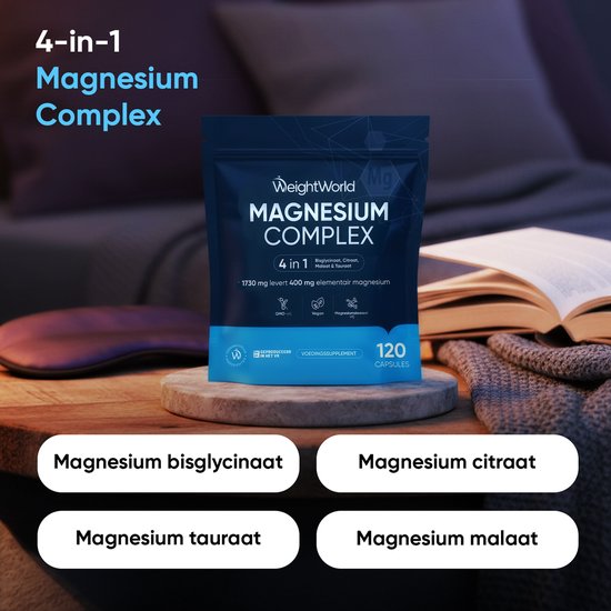 Productfoto van WeightWorld Magnesium Complex 4-in-1, met de vier magnesiumvormen.