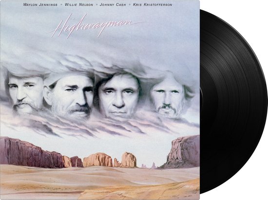 Albumhoes 'Highwayman' met portretten van Waylon Jennings, Willie Nelson, Johnny Cash en Kris Kristofferson boven een woestijnlandschap, naast een vinylplaat.