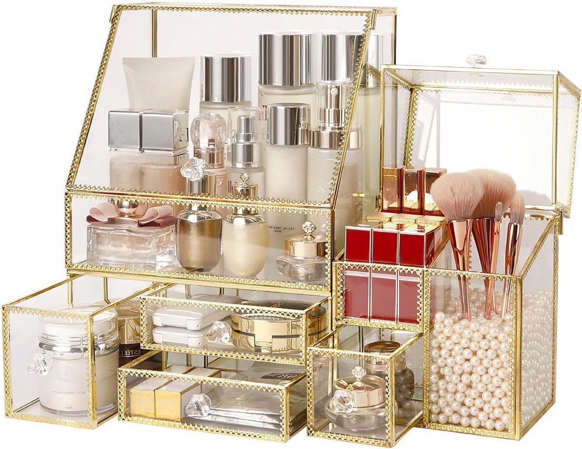 Glazen Make-up Organizer - Cosmetica Opbergbak - Badkamer Opbergen - Grote Capaciteit - 11.5 x 8.5 x 5.5 Inch - Transparant