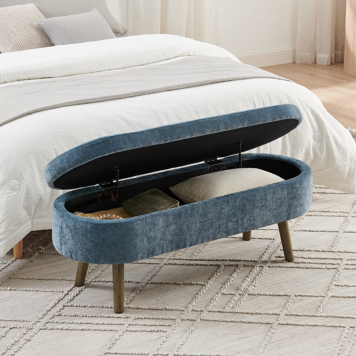 PHOEBE CAT Bedbank - Opbergruimte - Chenille - Metalen poten - 110 x 40 x 42 cm - Blauwgrijs