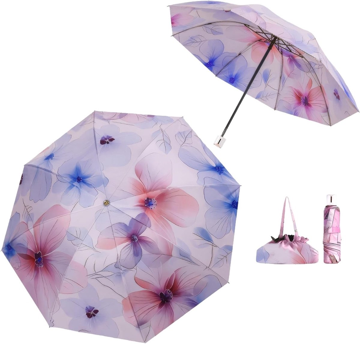 Vouwbare Paraplu met Handtas - UPF50+ UV Bescherming, Lichtgewicht en Waterdicht, Retro Bloemenpatroon voor Vrouwen tijdens Reizen