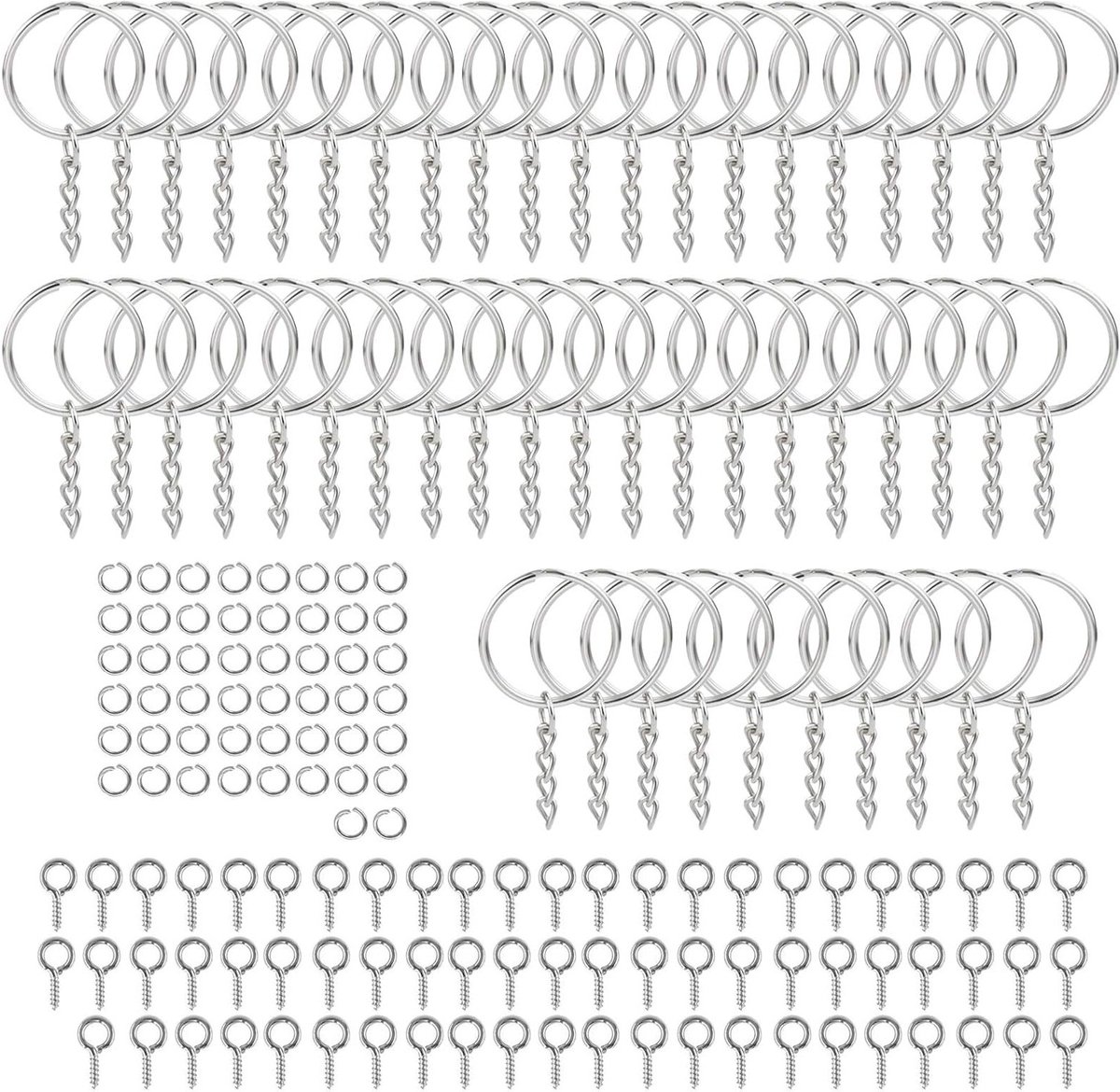 Set van 150 Sleutelhangers 25mm met Keten - Open Ringen, Sleutelhanger Accessoires en Keten voor Sleutels