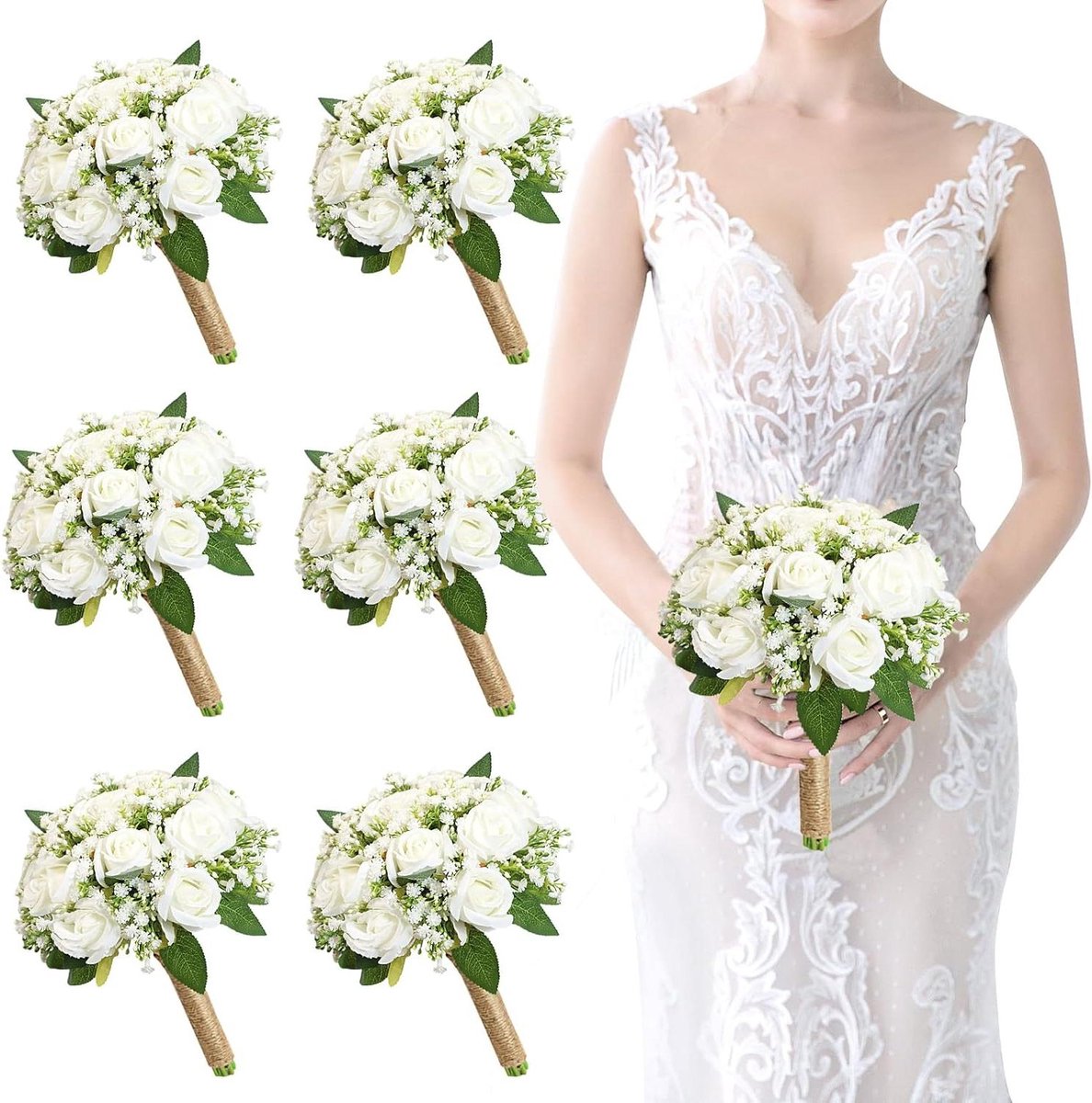 Bruidsmeisjes Boeketten Set - Nep Bloemen Boeketten - Bruiloft Decoratie - Set van 6 Stuks - 178 cm Breed - Wit