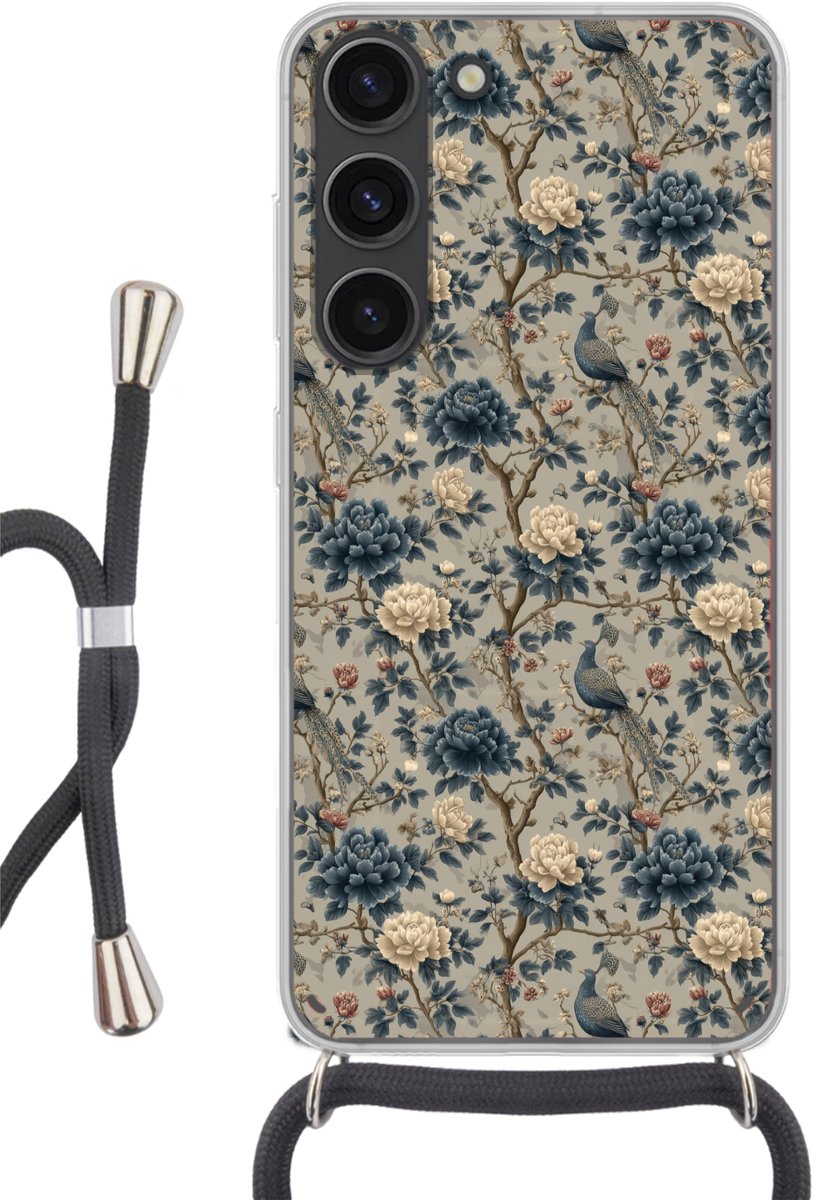 Telefoonhoesje Geschikt voor Samsung Galaxy S23 - Pauw - Bloemen - Blauw - Siliconen - Crossbody - Backcover met Koord - Telefoonhoesje met koord - Hoesje met touw Telefoonhoesje