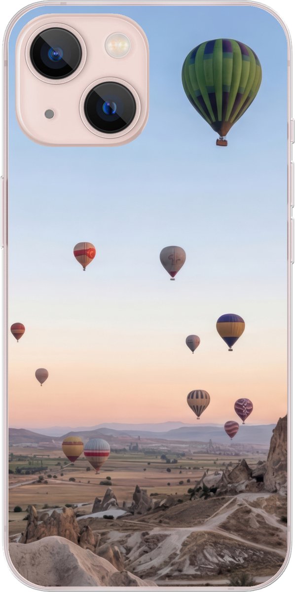Telefoonhoesje Geschikt voor iPhone 13 hoesje - Luchtballonnen - Rotsen - Zonsopgang - Siliconen Telefoonhoesje Telefoonhoesje