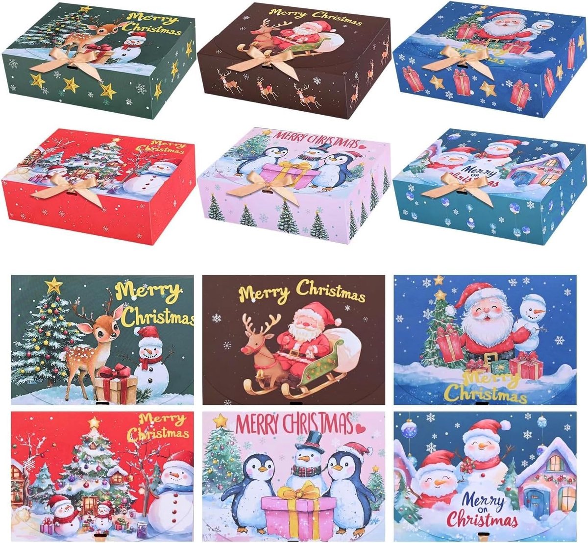 12 stuks kerstdozen - geschenkdozen met deksels - 27 cm x 20 cm x 8 cm - kerst kraftpapier geschenkdoos - sneeuwpop kerstman pinguïn eland doos met gouden lint voor kerstfeest cadeau verpakking