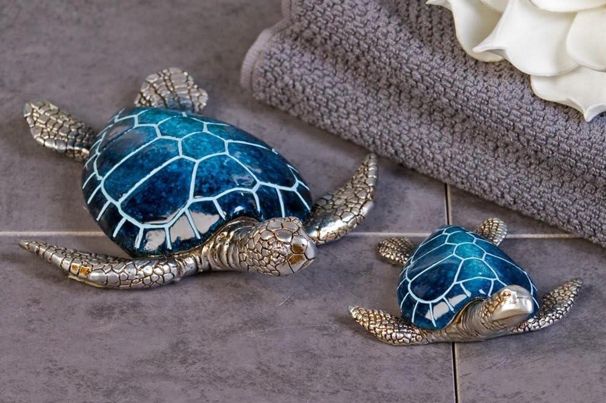 Decoratieve schildpadden - Hars beeldjes - Woonkamer decoreren - Set van twee stuks - 10 x 18 cm