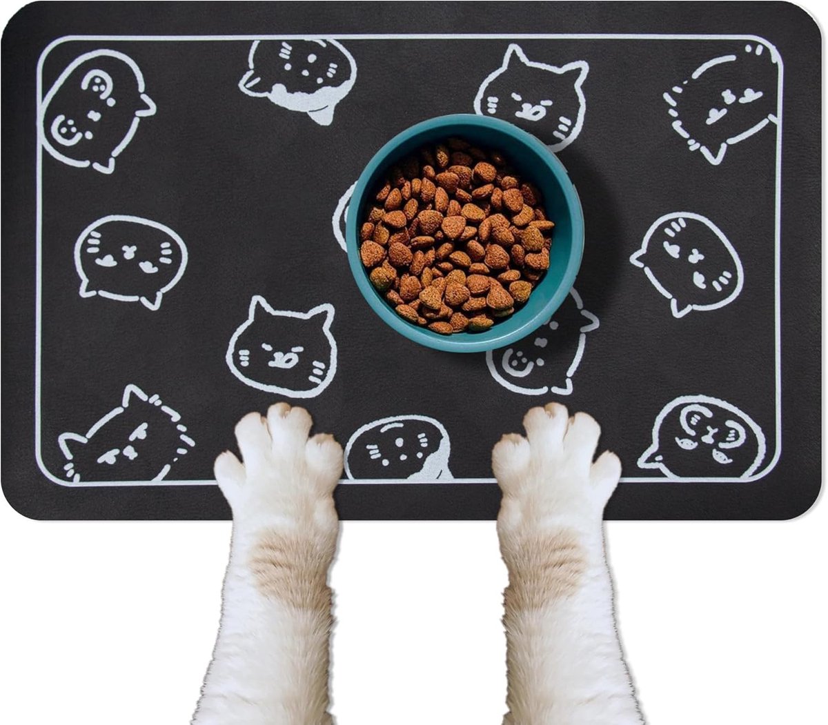 OLOEY Voerbakmat voor huisdieren-geschikt voor honden en katten-en als voer-en waterbakmat-Antislip en zeer absorberend-met diverse kattenkopjes als design.
