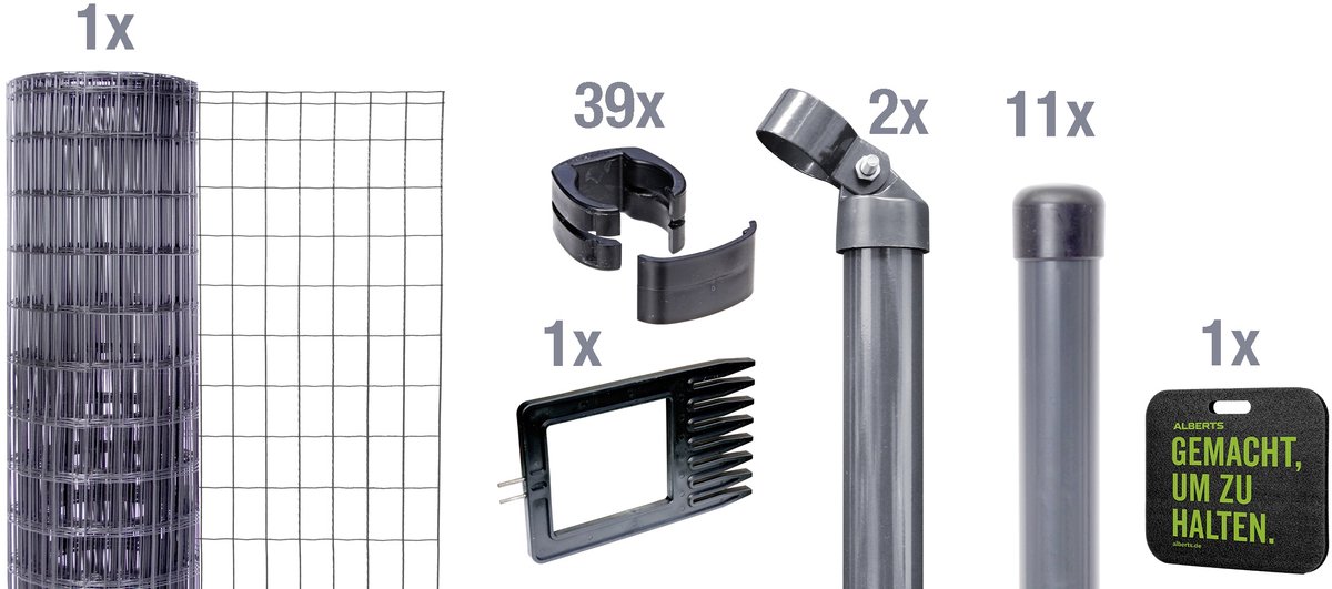 Alberts 693565 Fix-Clip Pro als complete hekwerkset, voor inbetonneren met kniesteun, antraciet, hoogte 81 cm, lengte 25 m
