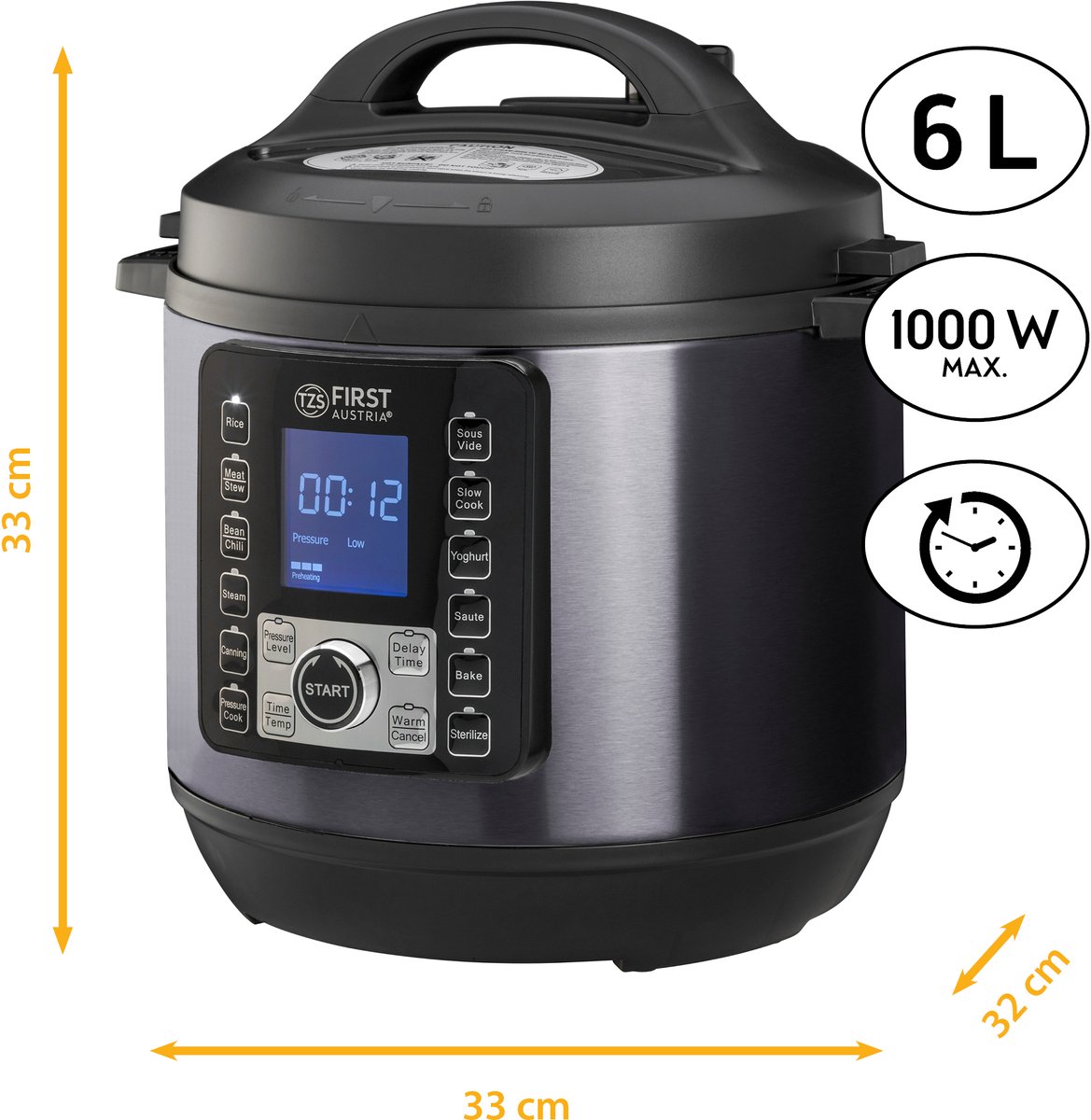 TZS First Austria Multicooker - 6L - 1000W - Snelkookpan - Rijstkoker - 12 Kookfuncties - RVS - Timer - Zwart – foto 3