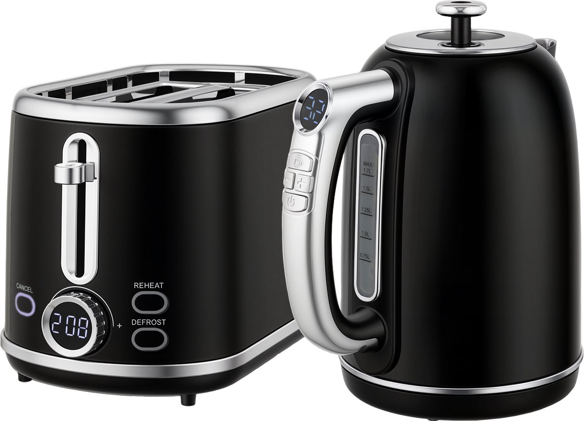 Killogood Waterkoker en broodrooster set - 1,7L roestvrijstalen waterkoker 2200W en 2-slice broodrooster - zwart