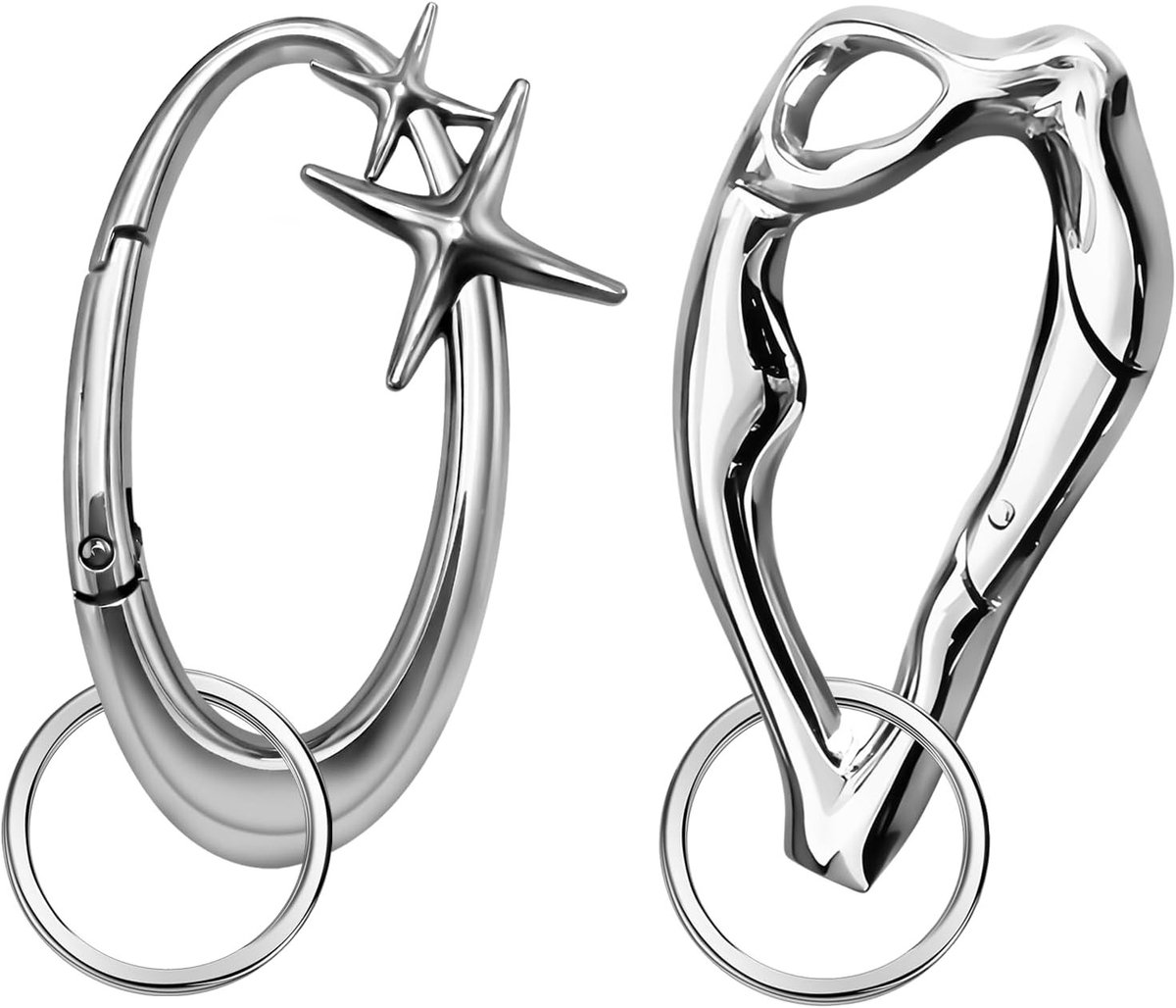 Set van 2 Stervormige Sleutelhangers met Karabijnhaak, Grote Glanzende Sleutelhanger van Legeringsmateriaal, Minimalistische Tascharms voor Sleutels en Accessoires