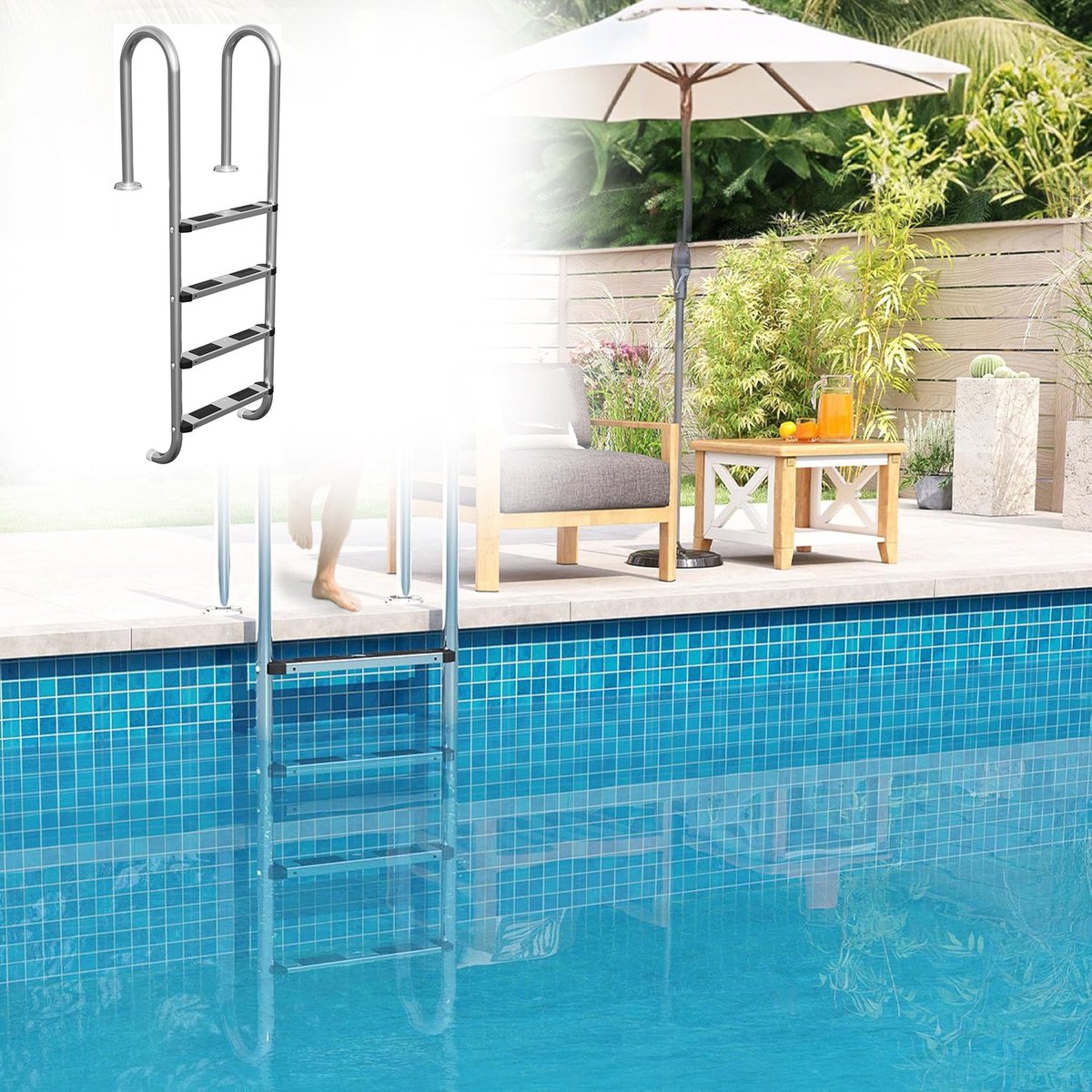 Aufun Opvouwbare RVS 304 Zwembadladder - Zilveren - 4 Treden - Instaplader 150kg Draagvermogen - Antislip Veiligheidsladder