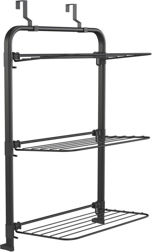 Zwart metalen droogrek met drie inklapbare lagen en haken voor ophanging.