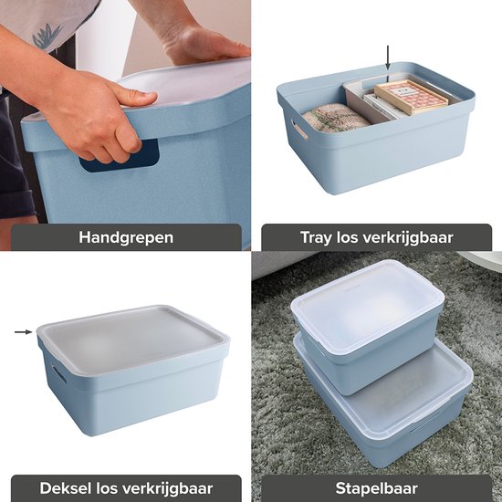 Montage van een lichtblauwe Sunware opbergbox met deksel. De box heeft handgrepen en is stapelbaar.