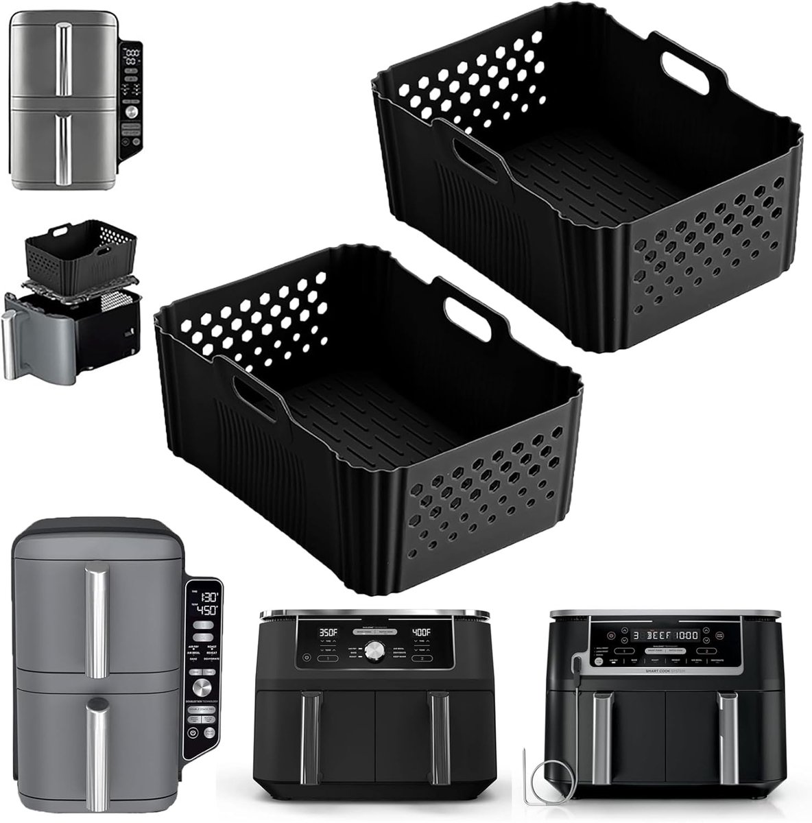 2× Siliconen Airfryer Bakjes - Geschikt voor Ninja Foodi DualZone & DoubleStack - Bpa Vrij- Bakpapier Alternatief - Geschikt voor DZ550, DZ401, SL401 - Herbruikbaar & Vaatwasserbestendig- Duurzaam - Non-Stick - Airfryer Accessoires - Bakvorm - Zwart