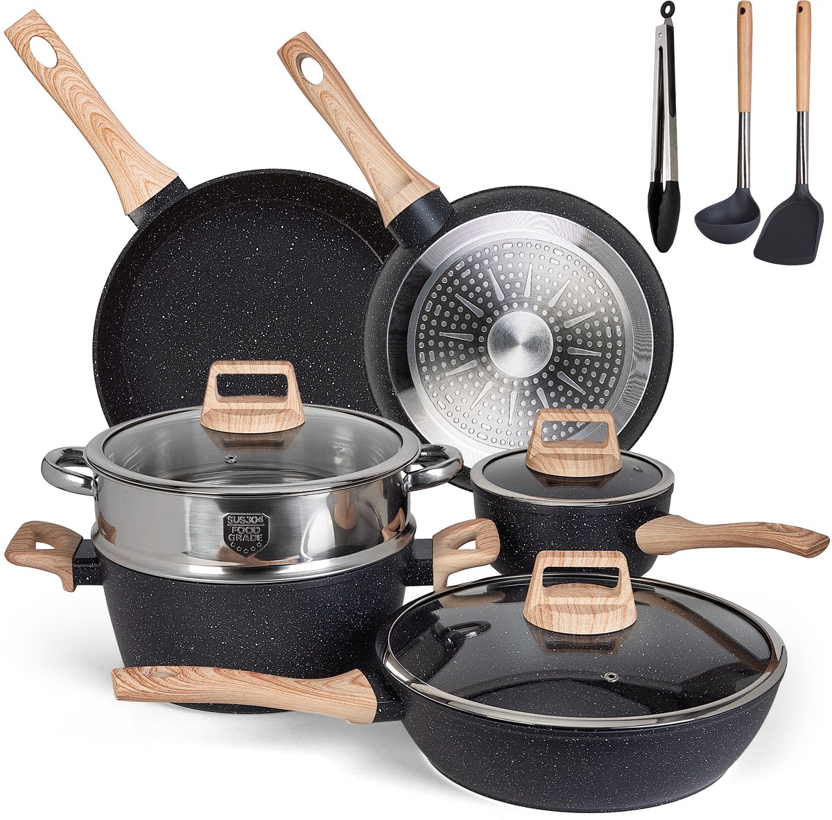 Glissimo Cookware – 12-delige Pannenset – Aluminium Pannen met Anti-Aanbaklaag – Met Stoompan - Geschikt voor Inductie, Gas, Keramisch & Elektrisch – Met Glazen Deksels – inclusief keukengerei – PFAS & PFOA-vrij - Pannenset Inductie