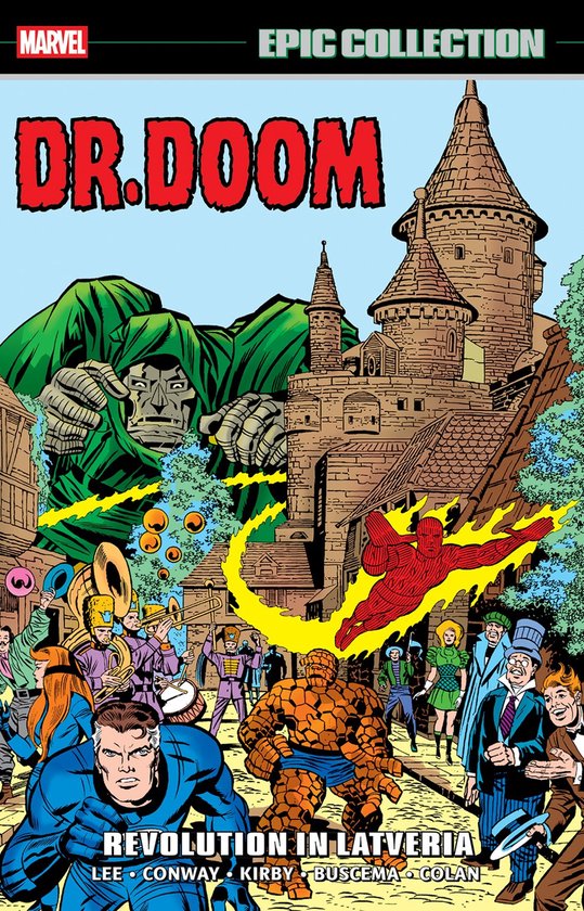 Marvel Epic Collection: Dr. Doom Revolution in Latveria. Dr. Doom in groene mantel, Fantastic Four, fanfareorkest en een kasteel.