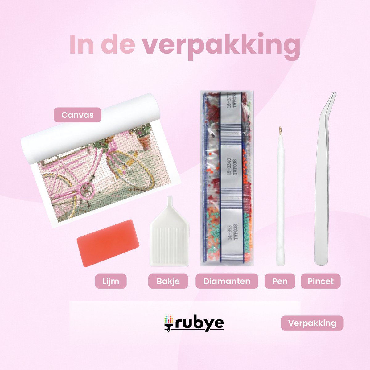 Rubye® Diamond Painting Volwassenen - Diamond Painting Kinderen - Diamond Painting Pakket Volledig - Bloemen Fiets - 30x40cm — afbeelding 6