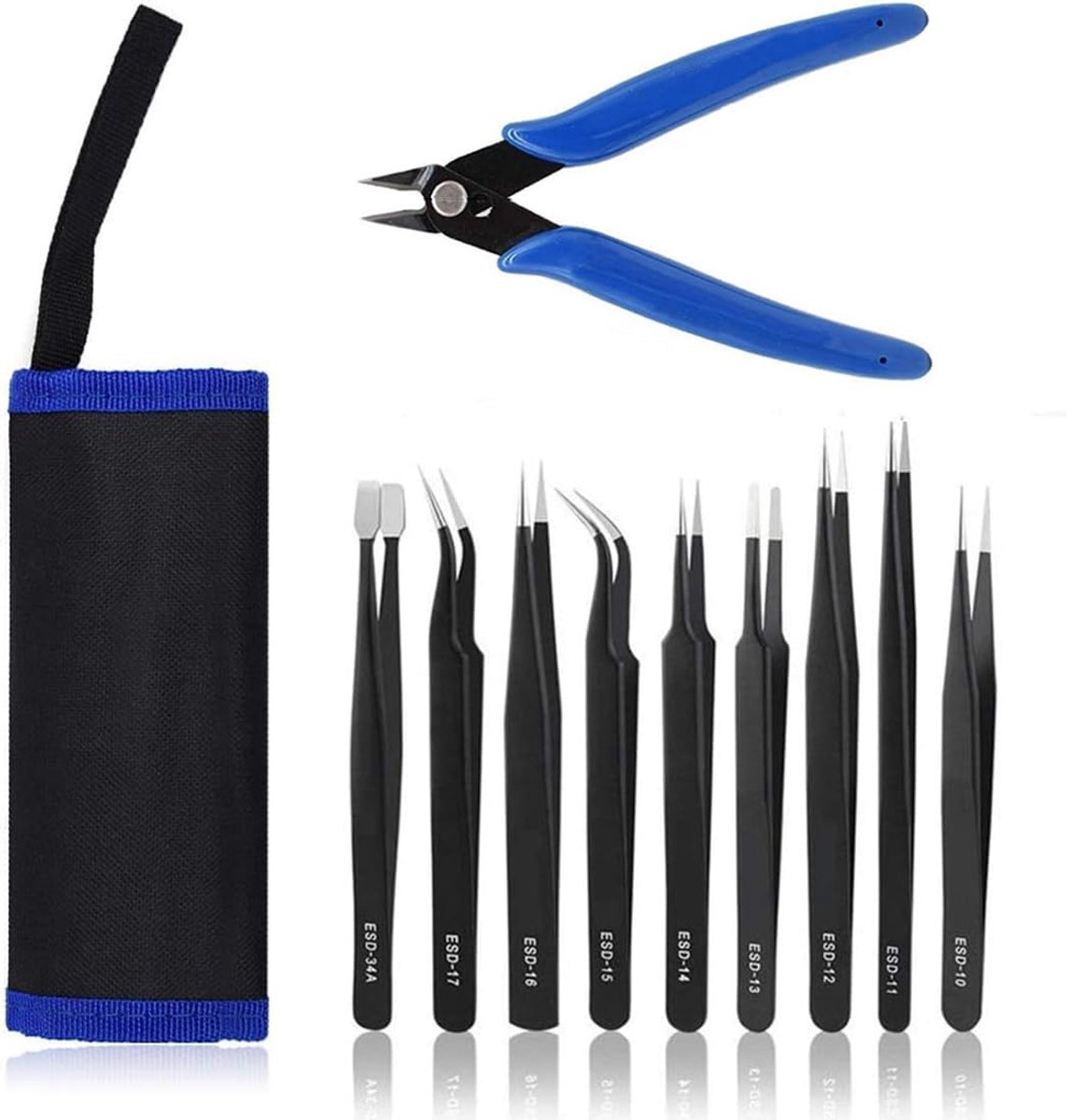 9-Piece ESD Tweezers Kit - Micro Wire Cutter - Precision Anti-Static Curved Point Tweezers Tool Set voor Modeling - Electronics Repair - Crafting - Laboratory - Jewelry Making