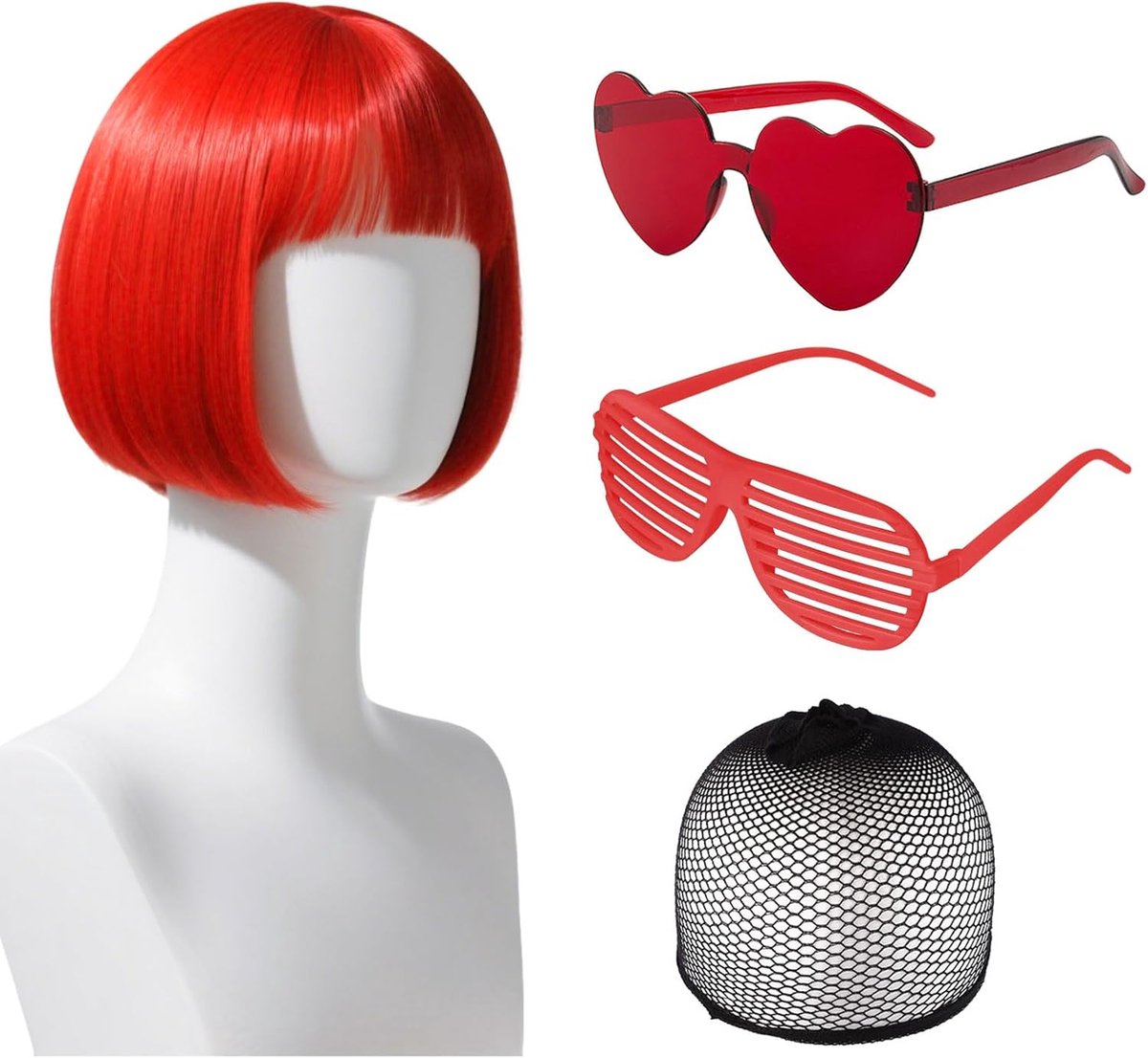 Korte Rode Perücken voor Vrouwen - 4 Stuks - Rode Bobo Perücken en Zonnebrillen - Grappige Perücken voor Elke Dag - Halloween Accessoires voor Singles