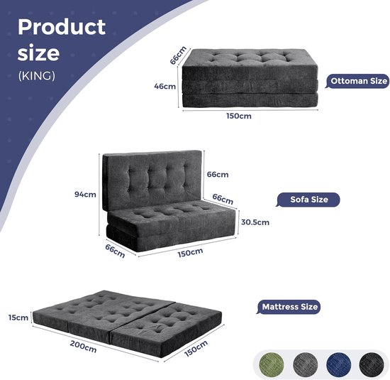 Vouwmatras Kingsize - Gastenmatras Opvouwbaar - Comfortabel Slapen - 15 cm Dik Schuim - Extra Groot - Donkergrijs van Merkloos — afbeelding 4