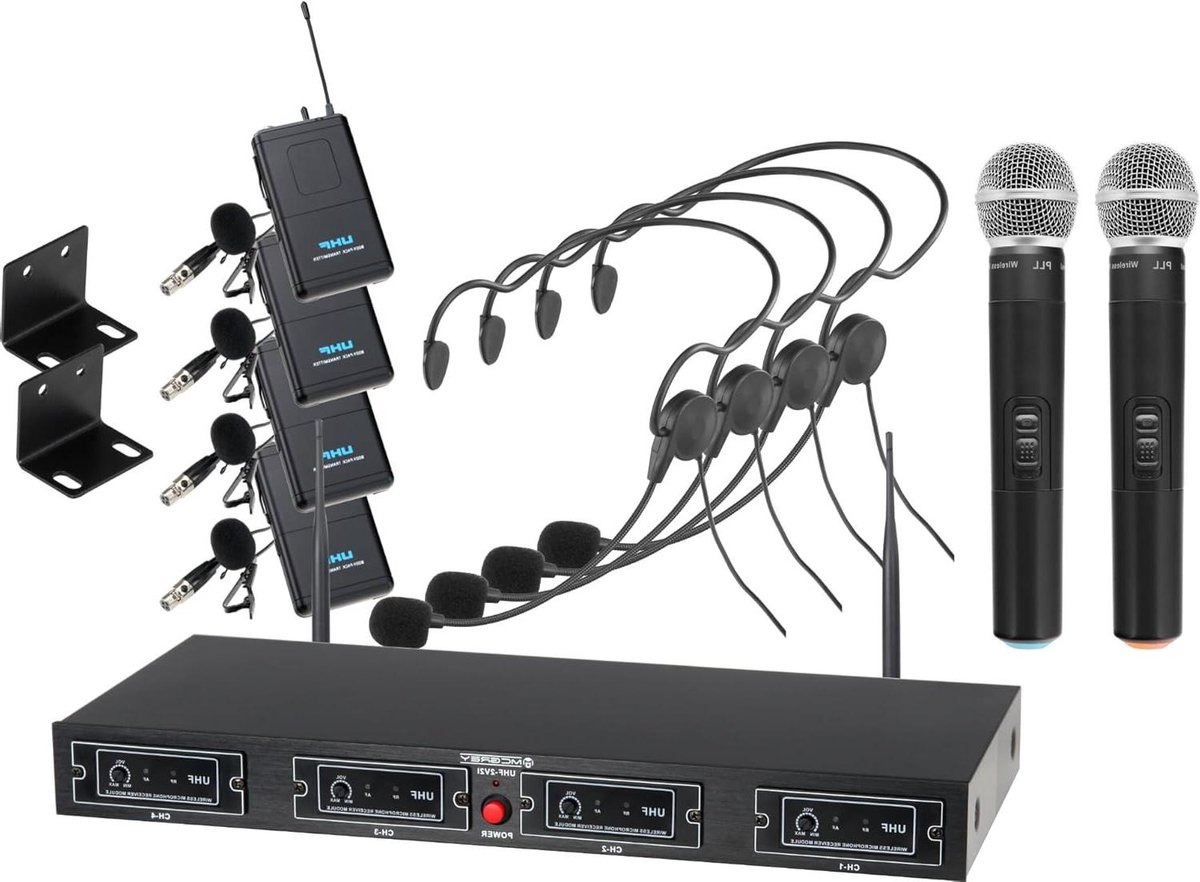 Draadloze Microfoonset - UHF Microfoon Systeem - Optredens Presenteren - Vier Kanaals Ontvanger - 50m Bereik - Zwart